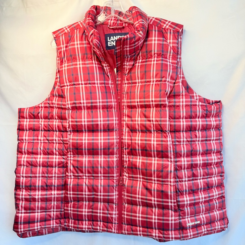 Lands End Red Blue Plaid Puffer Vest Full Zip Womens 2X Gorpcore Winter Layer
